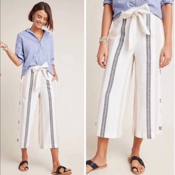 ANTHROPOLOGIE Shorebound Striped Linen Wide-Leg Cropped Pants - Picture 3 of 9